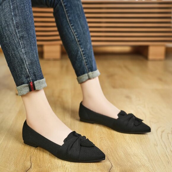 Women's Black Pointed Toe Ballet Flats with Bow Comfortable Knit Dressy Flats - Picture 4 of 8